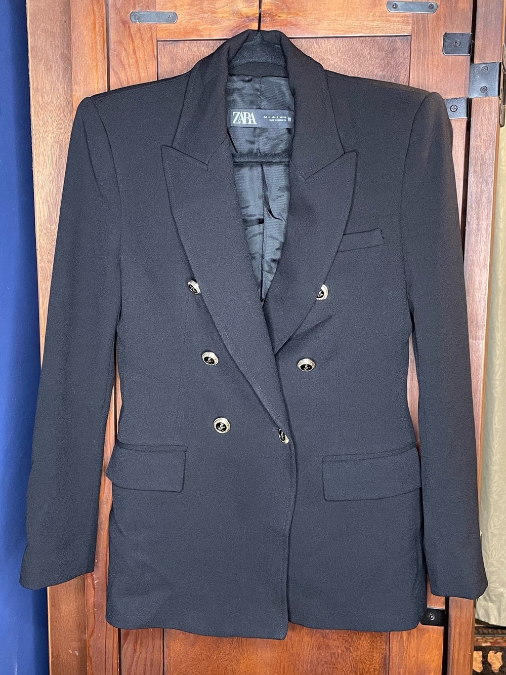 Zara Womens Black Double Breasted Blazer Small Gold Buttons Structured Military